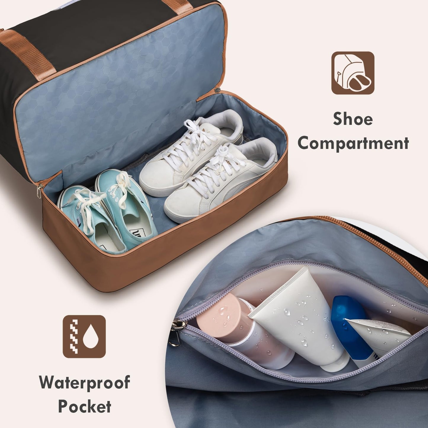 WOOMADA Weekender Overnight Bag for Women, Carry on Shoulder Travel Duffel with Shoes Compartment,Gym Bag with Toiletry Bag(black&coffee&brown)