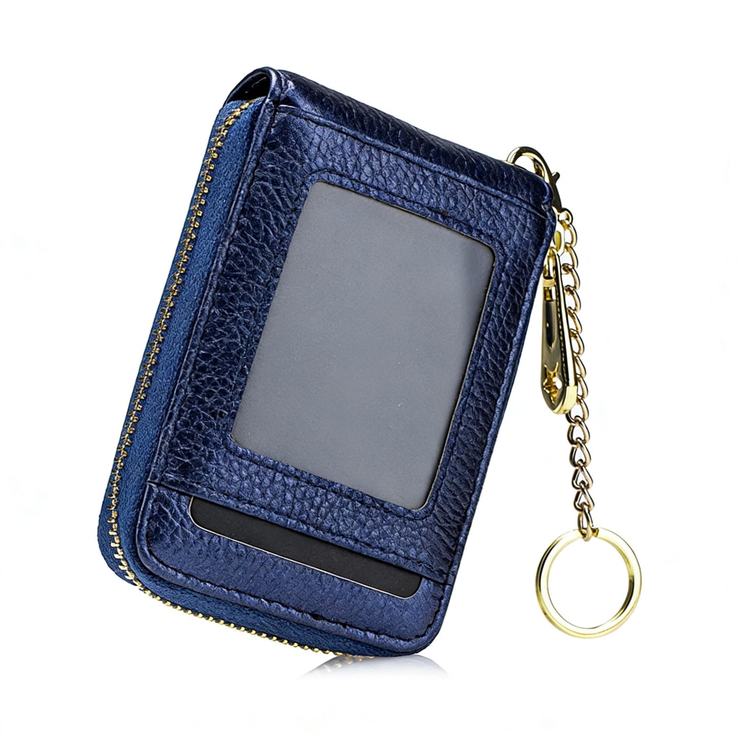 BAKUN RFID Blocking Leather Slim Zipper Business/Credit Card Wallet Case Holder with Clear Photo Slot, Security Travel Wallet (Navy)