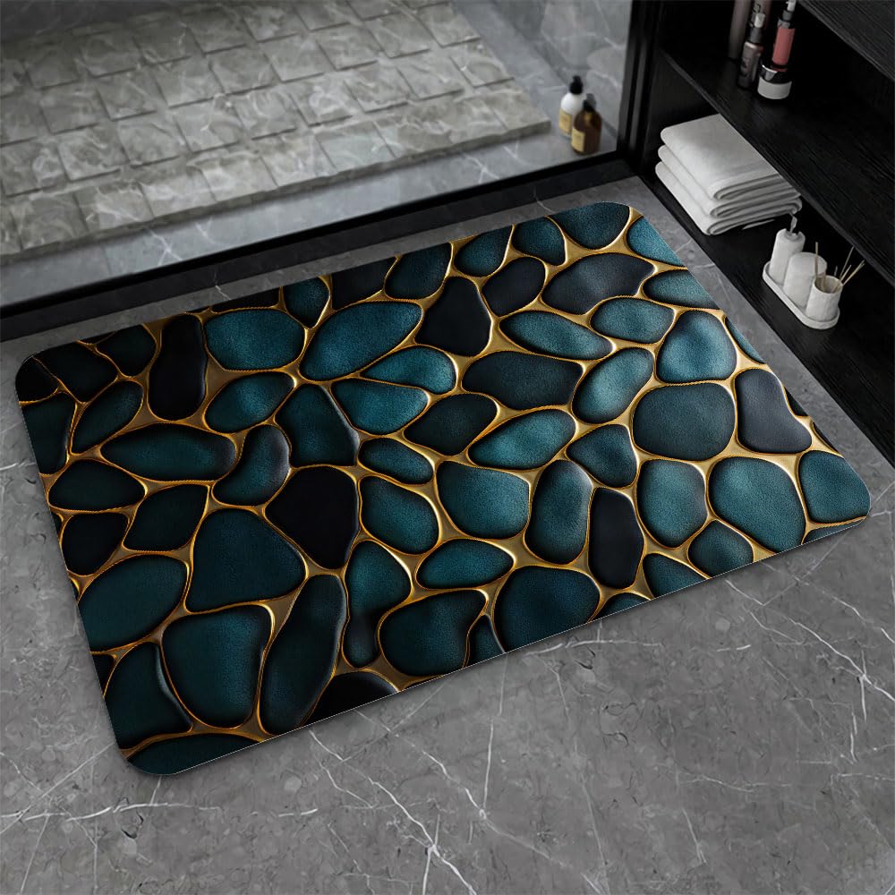 ZHUZHISHAN Diatomaceous Earth Bath Mat,Blue and Gold Stones Non-Slip Volume Super Absorbent Fast Drying for Bathroom Kitchen mat,Eco-Friendly Easy to Clean 16×24Inch (40 * 60cm)