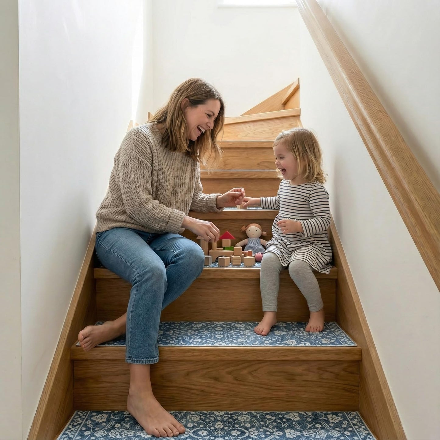 Breling 15 Pcs Blue and White Floral Stair Treads for Wooden Steps 8x30 Inches Stair Treads Indoor Non-Slip Carpet Runner Decorative Long Rugs Safety Mats for Indoor Carpet Covers Elders and Dogs