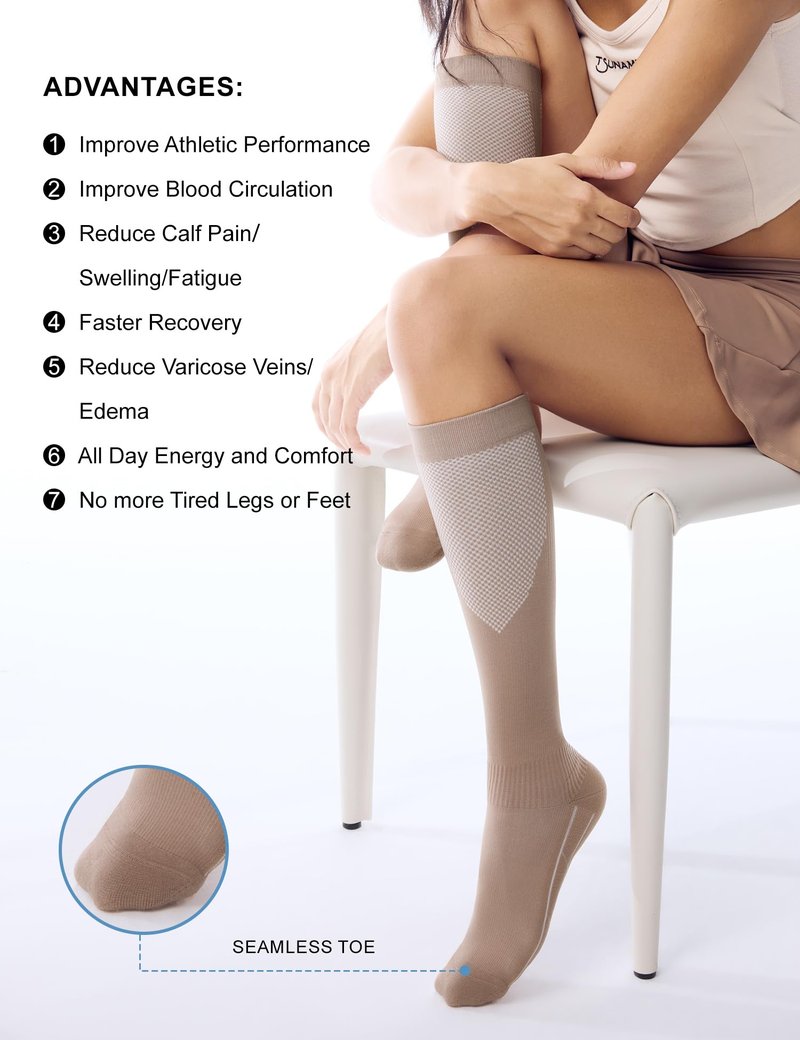 FITRELL 3 Pairs Compression Socks for Women and Men 20-30mmHg- Support Socks for Travel, Running, Nurse, Knee High Socks, Tan+Almond+Khaki S/M