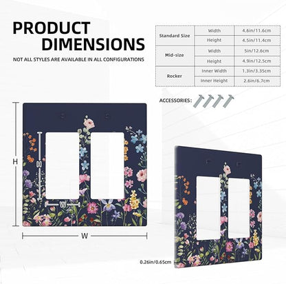 Rustic Wild Floral Darkground Vintage Watercolor Flower 2 Gang Rocker Decora Light Switch Covers Decorative Dual Outlet Covers Wall Plate Electrical Faceplate Switchplate GFCI for Bedroom