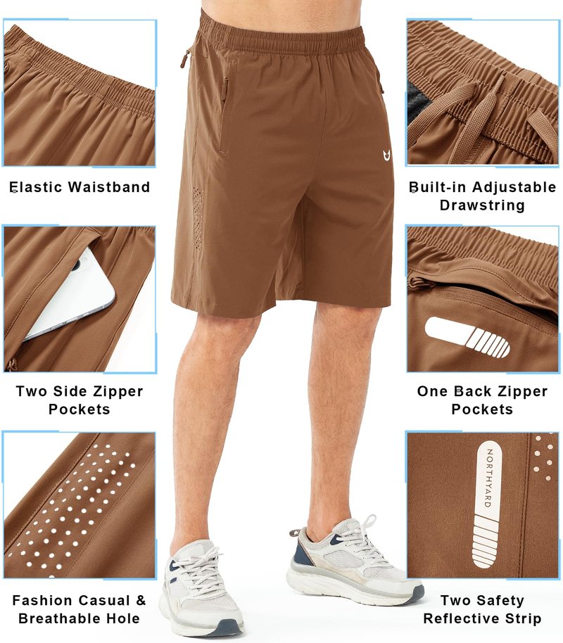 NORTHYARD Men's Athletic Running Shorts Gym Workout 7"/9"/5" Quick Dry Lightweight Sports Basketball Tennis 3 Zipper Pockets BROWN-9inch L