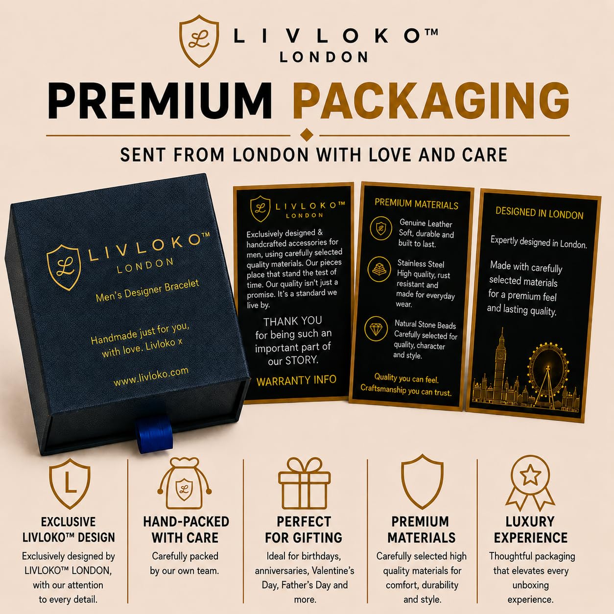LIVLOKO LONDON Mens Bracelet Leather Black Multi-Layer Tiger Eye Stone Beads Adjustable Steel Clasp Viking Rope Bands Surfer Man Wristband Male UK Jewellery Gift box Husband Boyfriend Dad Son