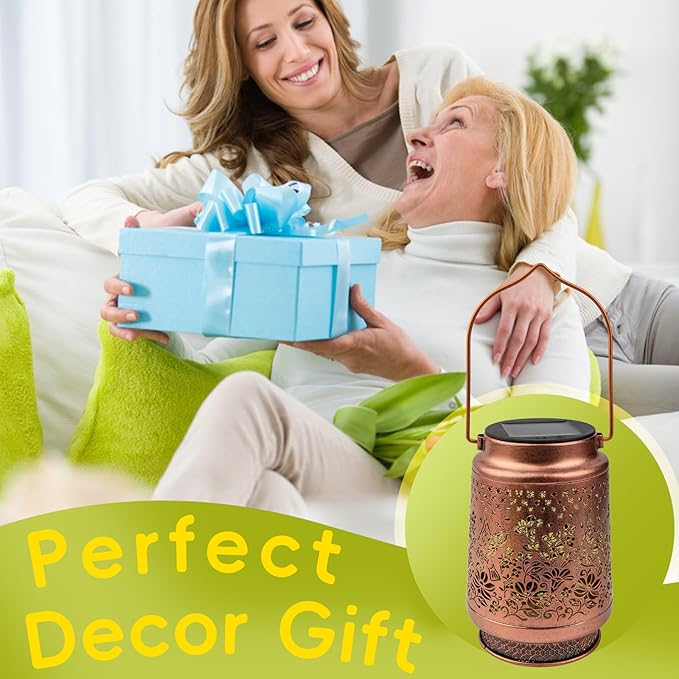 Boho Solar Lanterns Outdoor Birthday Gifts for Women Mom Grandma Metal Hanging Solar Powered Unique Garden Decorative LED Lights (Fengming)