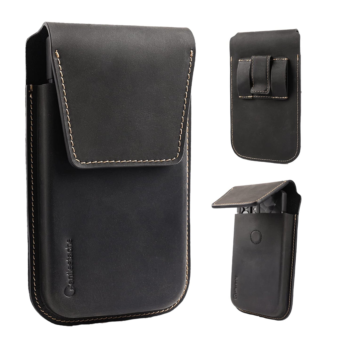 Gentlestache Leather Phone Holster for S25 S24 Ultra & Plus - Phone Holster Belt Case for iPhone 17 16 15 14 Pro Max & Plus - Magnetic Closure Belt Clip Leather Holder Pouch, XL, Black