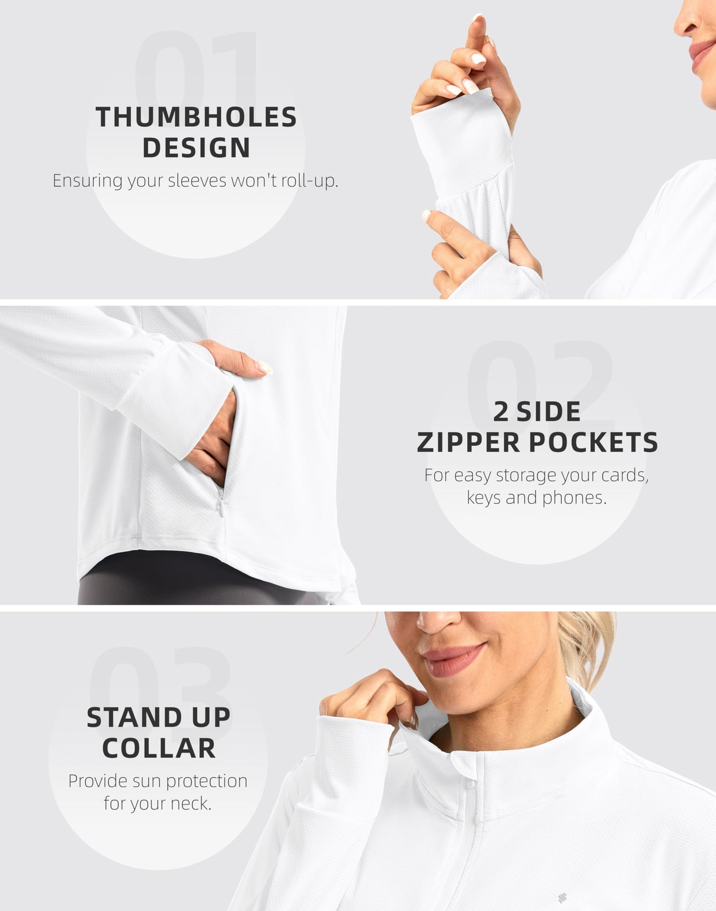 Soothfeel Women's UPF 50+ Lightweight Athletic Jackets Sun Protection Zip Up Long Sleeve Shirts Hiking Workout Outdoor Pocket, White, L