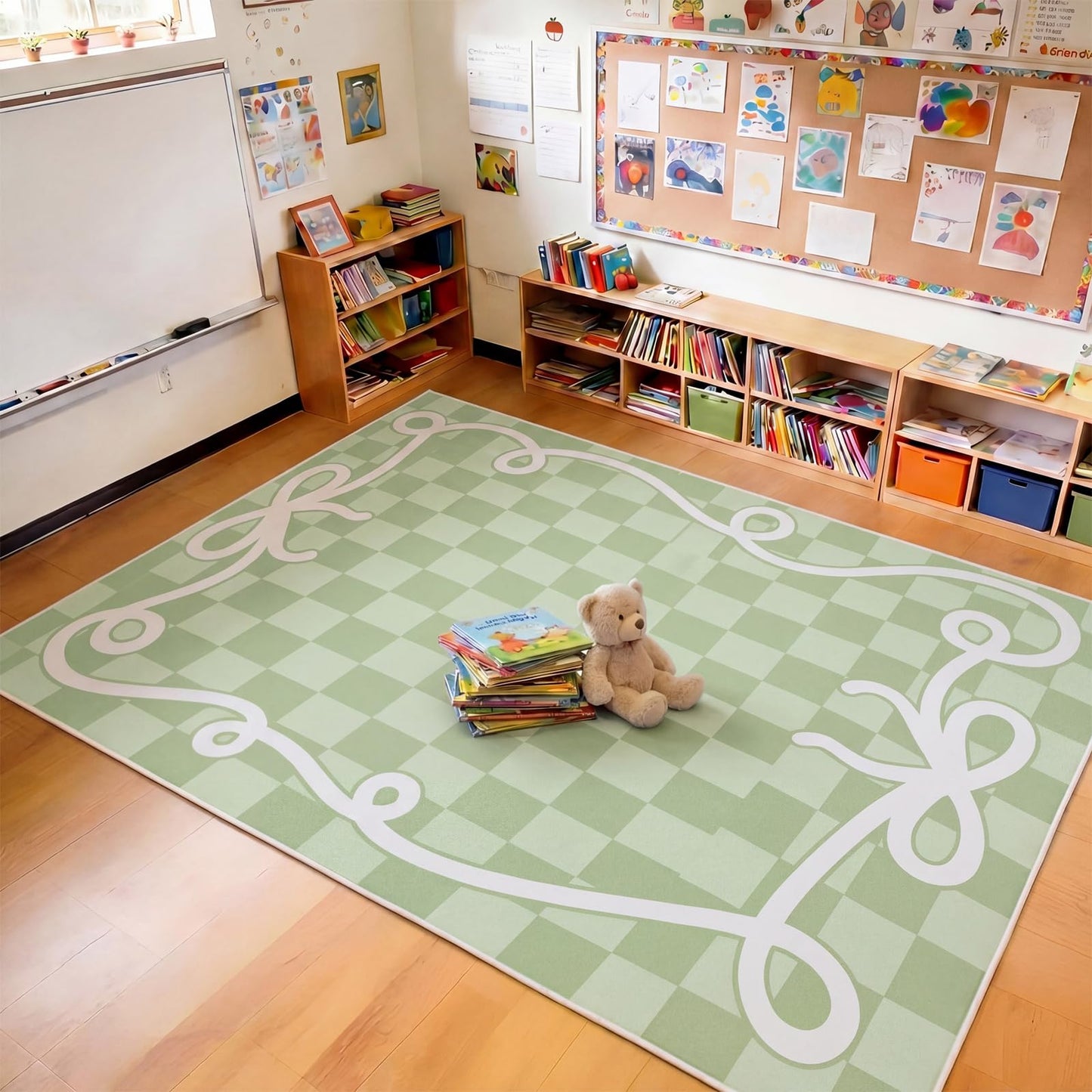 Klyyo Clyro Back to School Decoration Classroom Area Rug Green Bow Border Check Classroom Educational Area Rug for Kids, Children's Schoolroom for Teaching and Playroom, 5 x 7.6 Ft, Seats 20