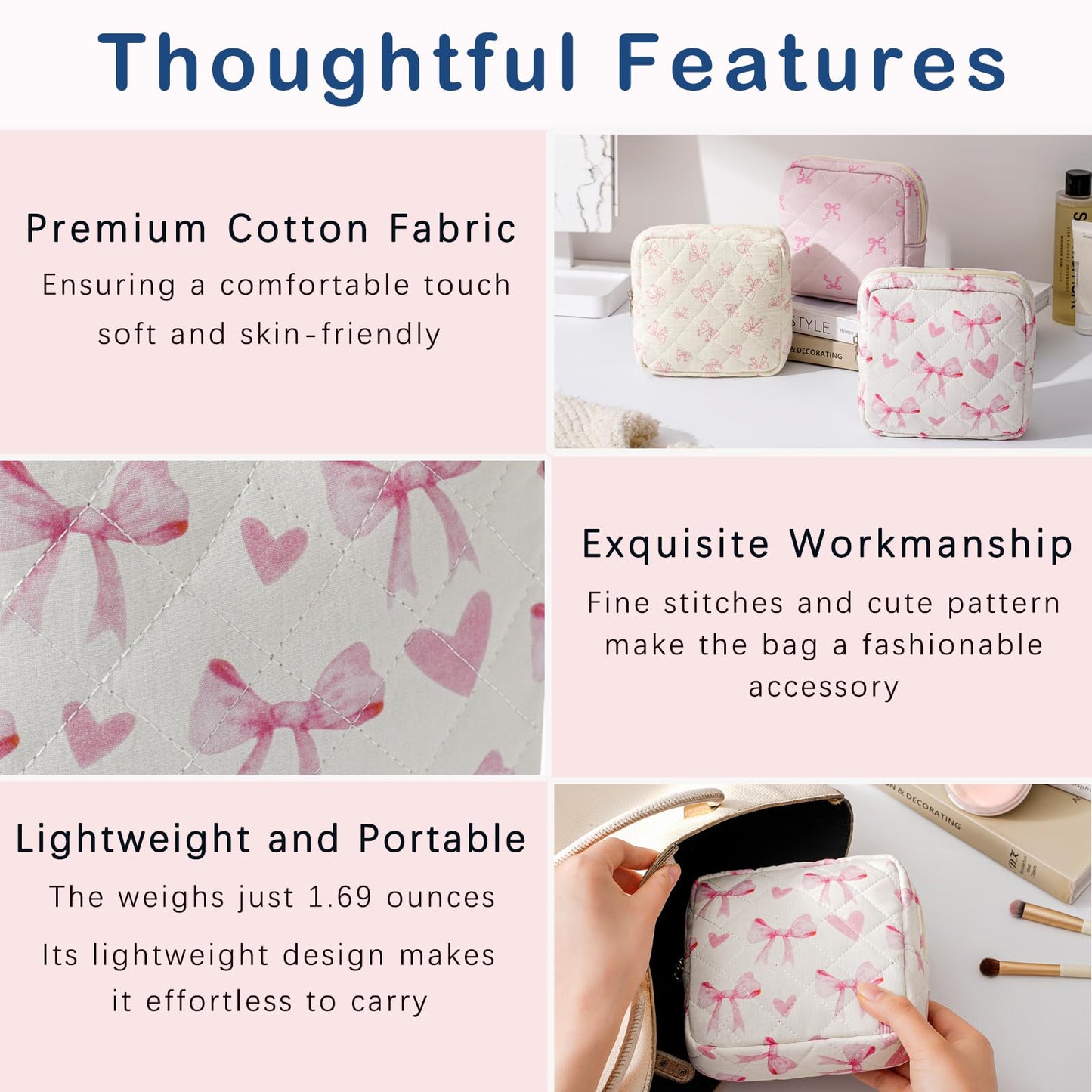 RSRSLEII Small Quilted Cosmetic Pouch for Purse, Mini Cotton Makeup Bag with Compartments, Cute Zipper Lipstick Holder for Women (02Heart Bow)