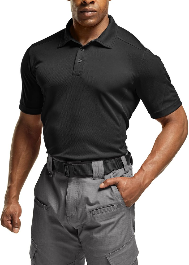CQR Men's Quick Dry Tactical Polo Shirt, Lightweight Breathable Performance Polo, Short Sleeve UPF 50+ Outdoor Golf Shirt, Frost Essential Black, Large