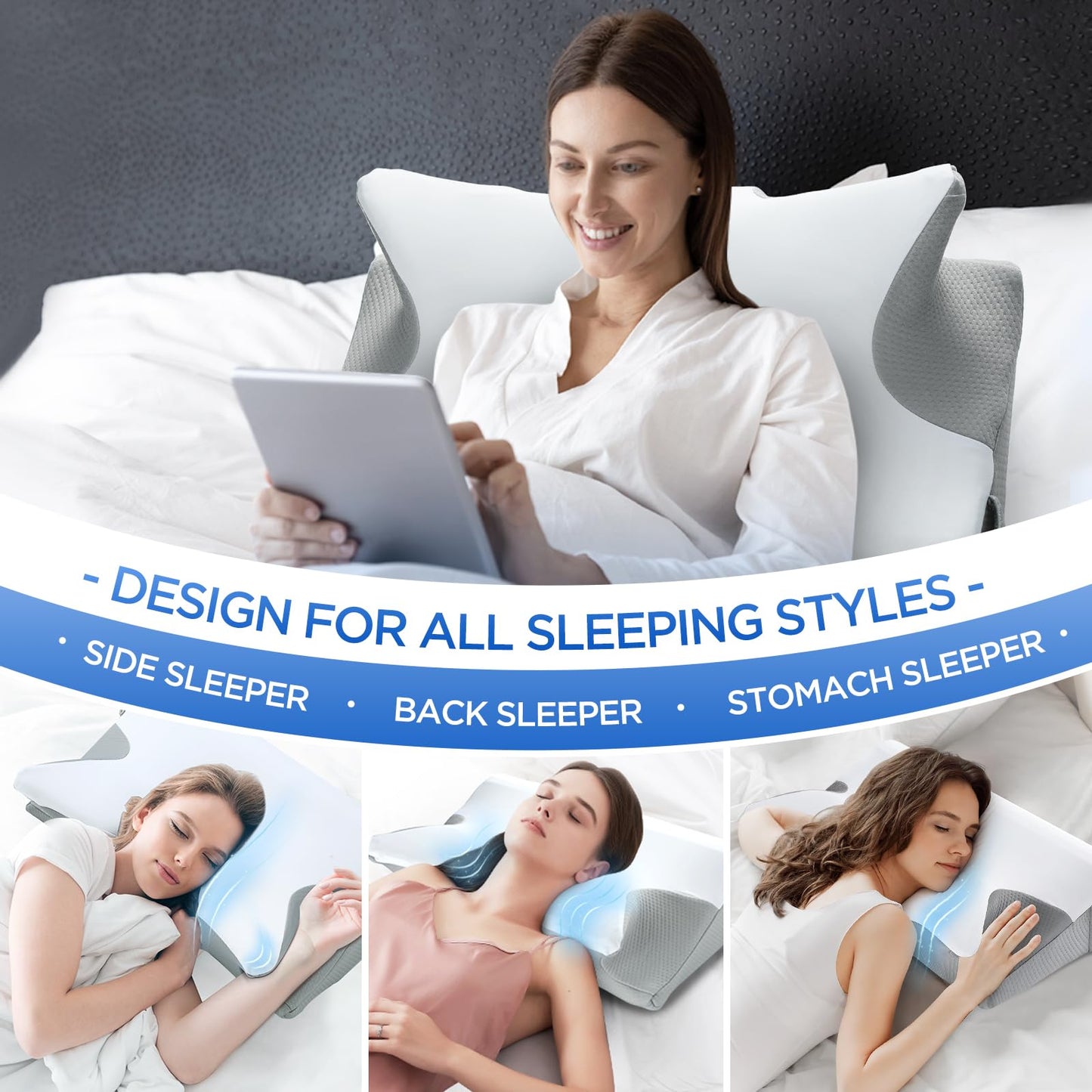 Effective Pain Relief Cervical Neck Pillow for Sleeping, Memory Foam Pillows for Neck Support, Odorless Contour Side Pillow, Ergonomic Bed Pillow for Back Stomach Sleeper (Grey and White)