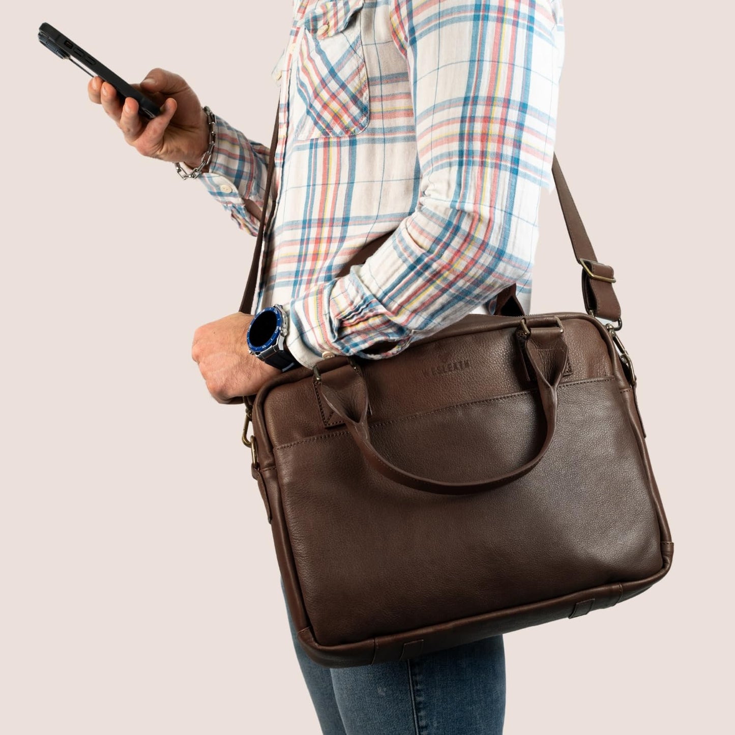 WESLEATH Full Grain Leather Briefcase | Elegant Handmade Leather Briefcase for Men, Perfect for Work and Business. (Chocolate)