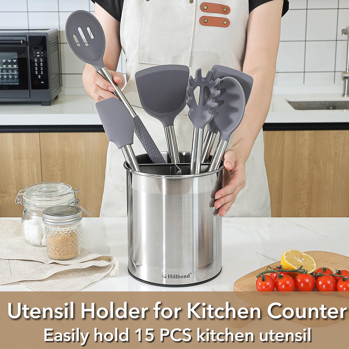 Hillbond 7.5x6.9 Inch EXTRA LARGE Utensil Holder for Countertop, Stainless Steel Rotating Organizer with Removable Divider, Space-Saving for Large Kitchen Utensils Set & Spacious Kitchens