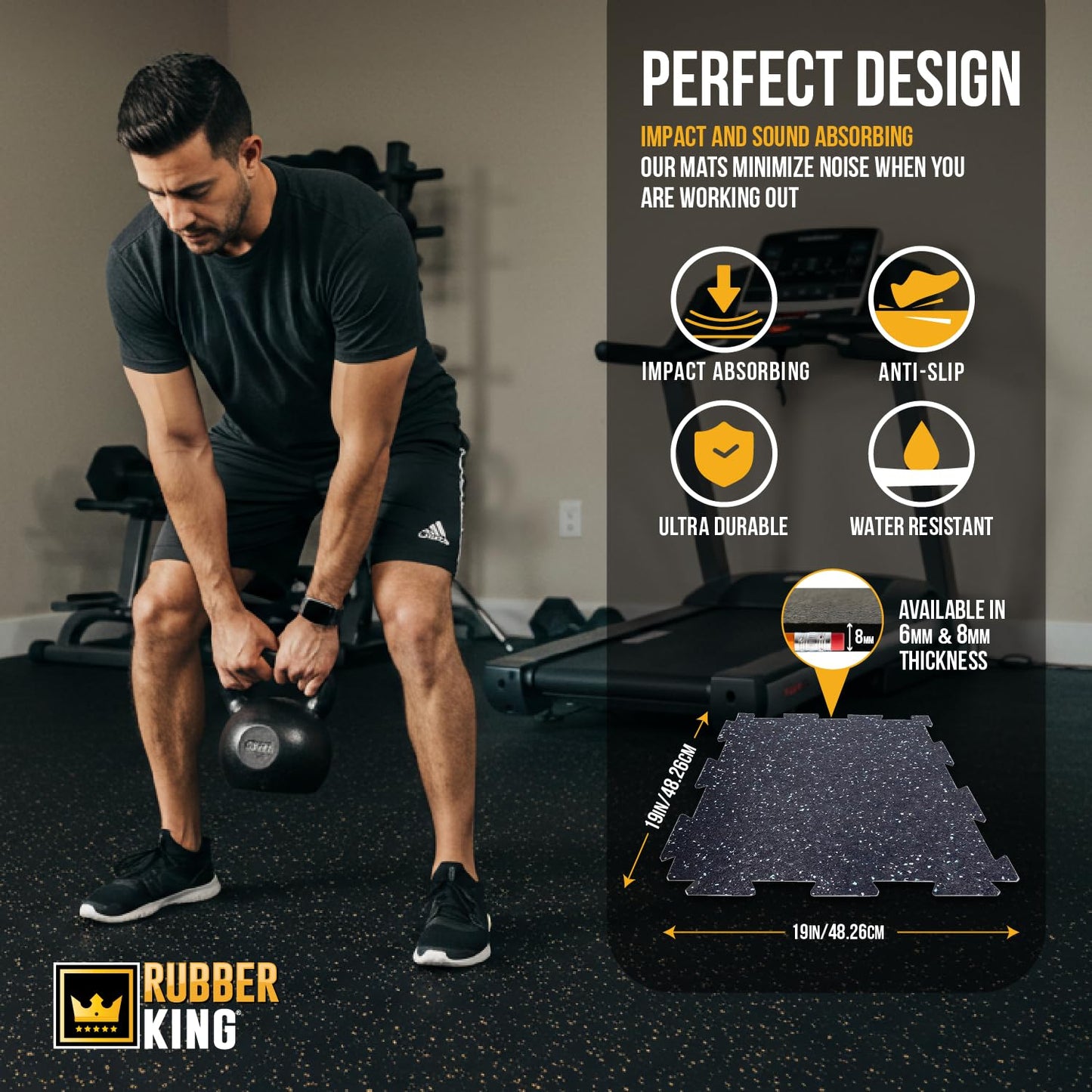 Rubber King 10 Piece Interlocking Tiles 19" x 19" x 6mm - 100% Recycled Rubber Gym Floor Tiles, Exercise Mat for Home Gym, Anti-Slip Low-Odor Interlocking Puzzle Floor Tiles - 23.5sq ft - Blue/Grey