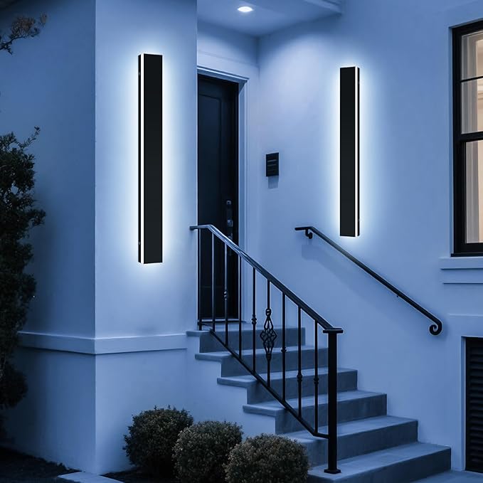 Upgrade Widened 2 Pack Long Outdoor Wall Lighting Fixture, 57inch Modern LED Wall Sconce, 3 Color 3000K/4500K/6000K, 50W, IP65 Waterproof, Black Exterior Light Fixture for Patio, Garden, Garage