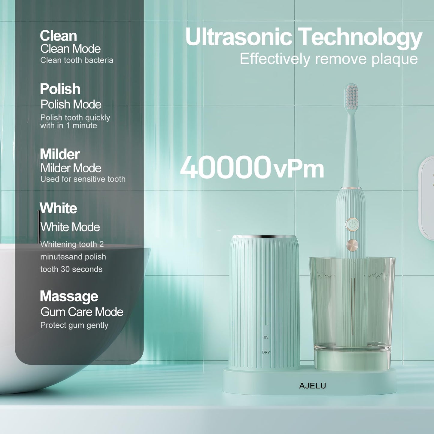 Electric Toothbrush Set with Drying & Sanitizing Holder, 8 Replacement Brush Heads, Transparent Rinse Cup, Smart Timer, USB Rechargeable for Adults