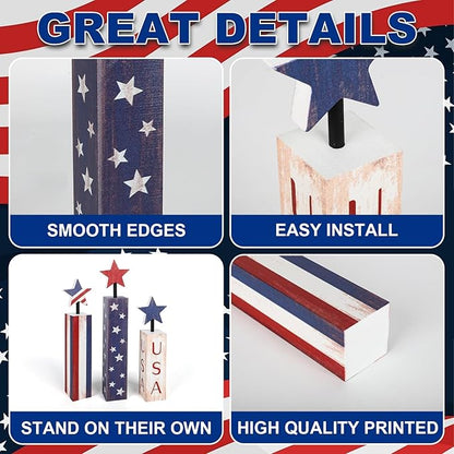 COCHIE 4th of July Decorations Set, Red White Blue Decor, Wooden Patriotic Memorial Day Tiered Tray Decor, Labor Day Decorations, Fourth of July Decoration for Home Office Table (Flag Retro)