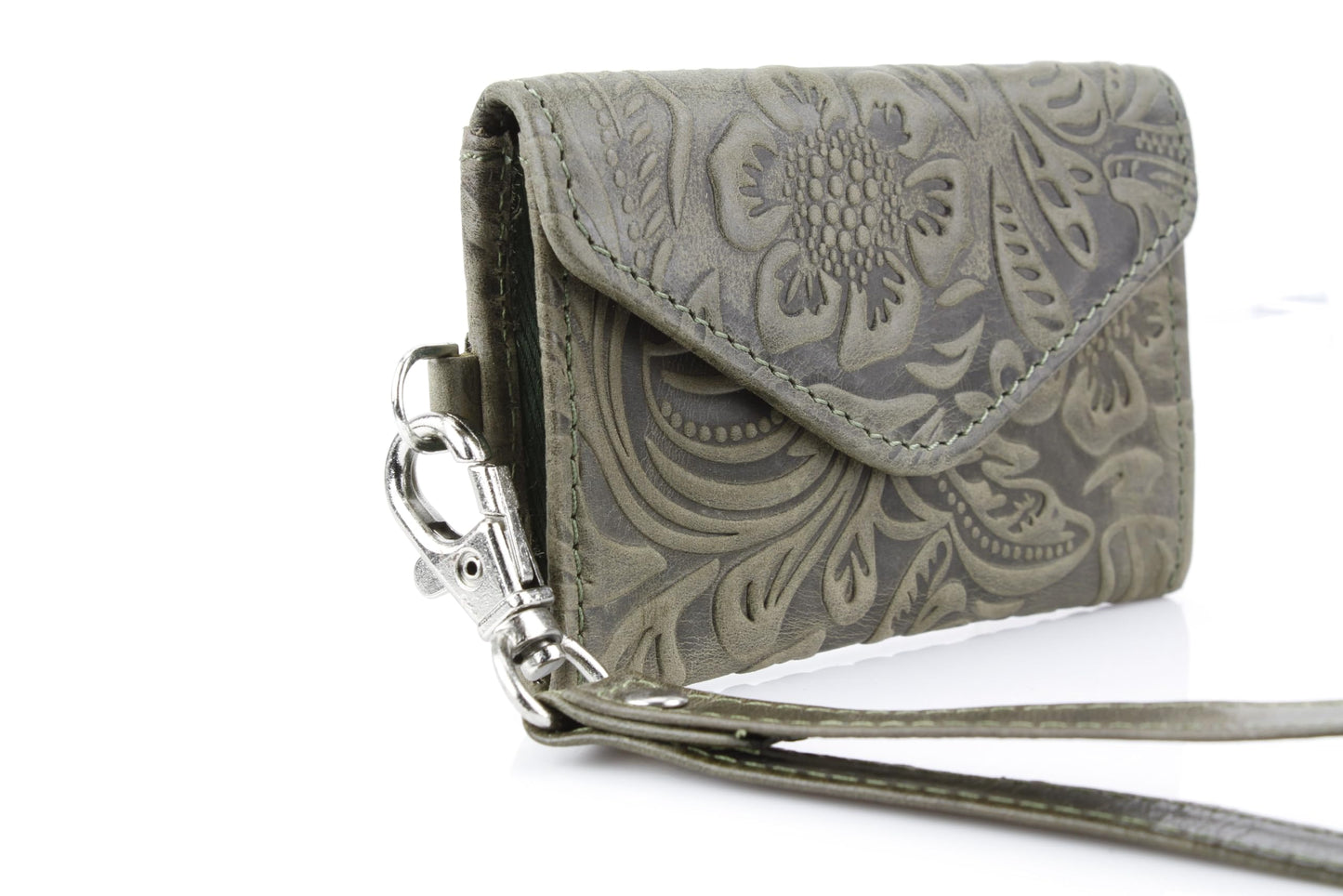American Bison Small Floral Filigree Wristlet for Women – Compact Card Holder Wallet with Wrist Strap – Minimalist Clutch for ID, Credit Cards & Essentials (Green)