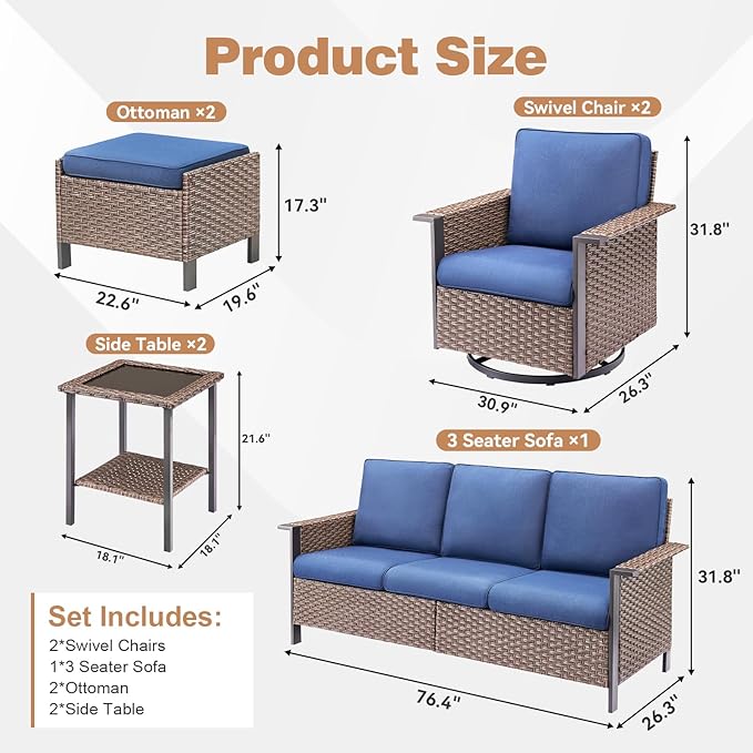 Outdoor Patio Furniture Set Swivel Chairs-7 Pieces All-Weather Wicker 3 Seater Sofa with 2 Ottomans Rattan Side Table, Wicker Sofa Outdoor Furniture for Porch Deck Backyard Brown/Blue