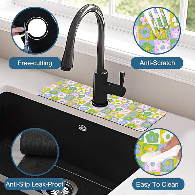 Cute Flowers Kitchen Sink Splash Guard Faucet Mat Retro Floral Super Absorbent