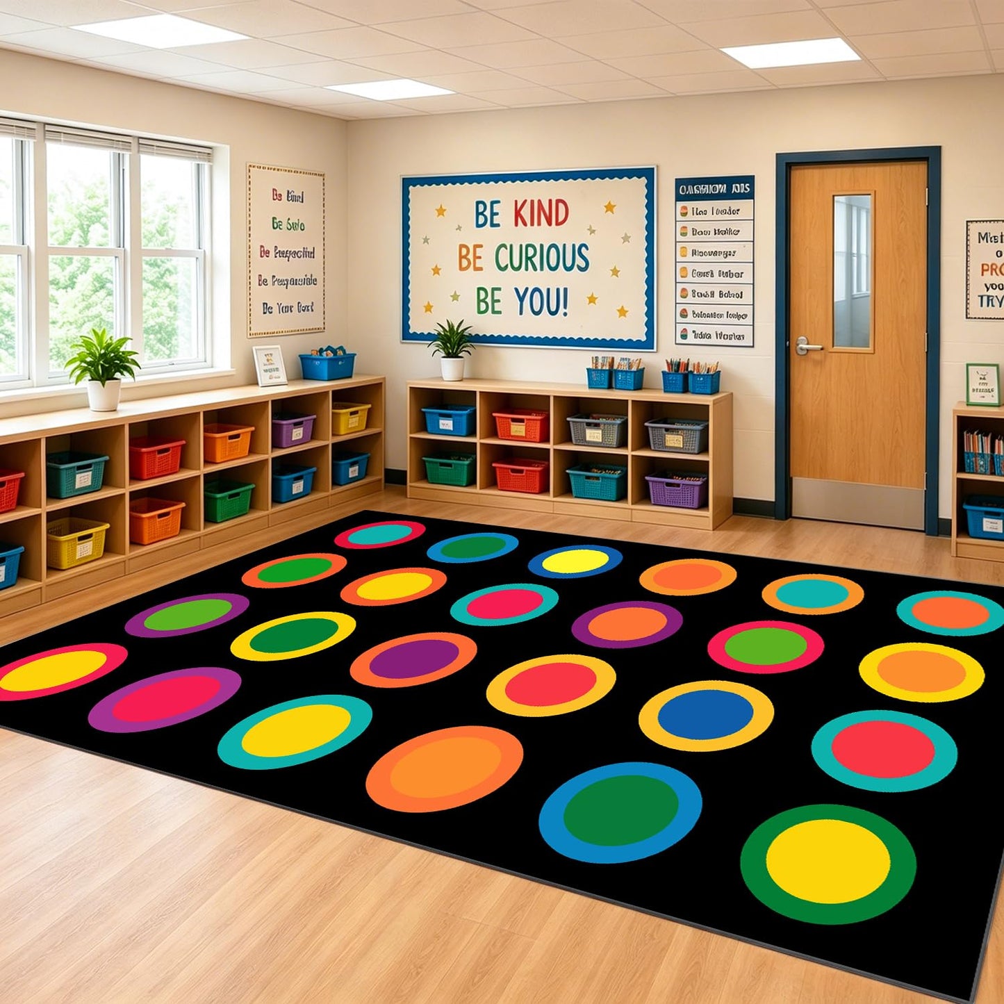 MAISONRINA Large Classroom Rugs Elementary 7'7''x13',Daycare Rug with Colorful Rings,Black Classroom Rug for Preschool & Kindergarten, Seating Spots Rugs for Kids Room & Playroom - Seats 24