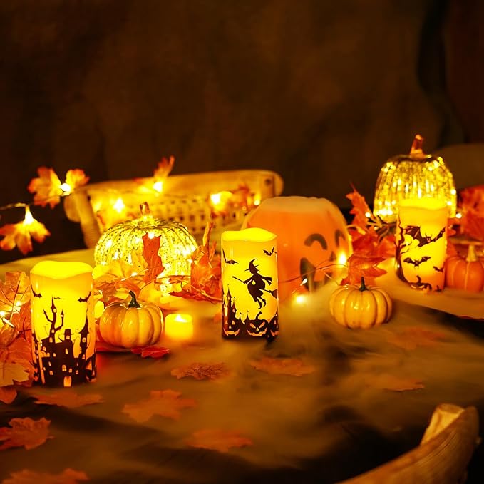 Homemory Halloween Candles, Orange Flameless Candles, Outdoor Waterproof Printed Decals Battery Operated LED Pillar Candles with Remote Timers for Fall Festival Spooky Decor, 3”x6”, Plastic, Set of 3