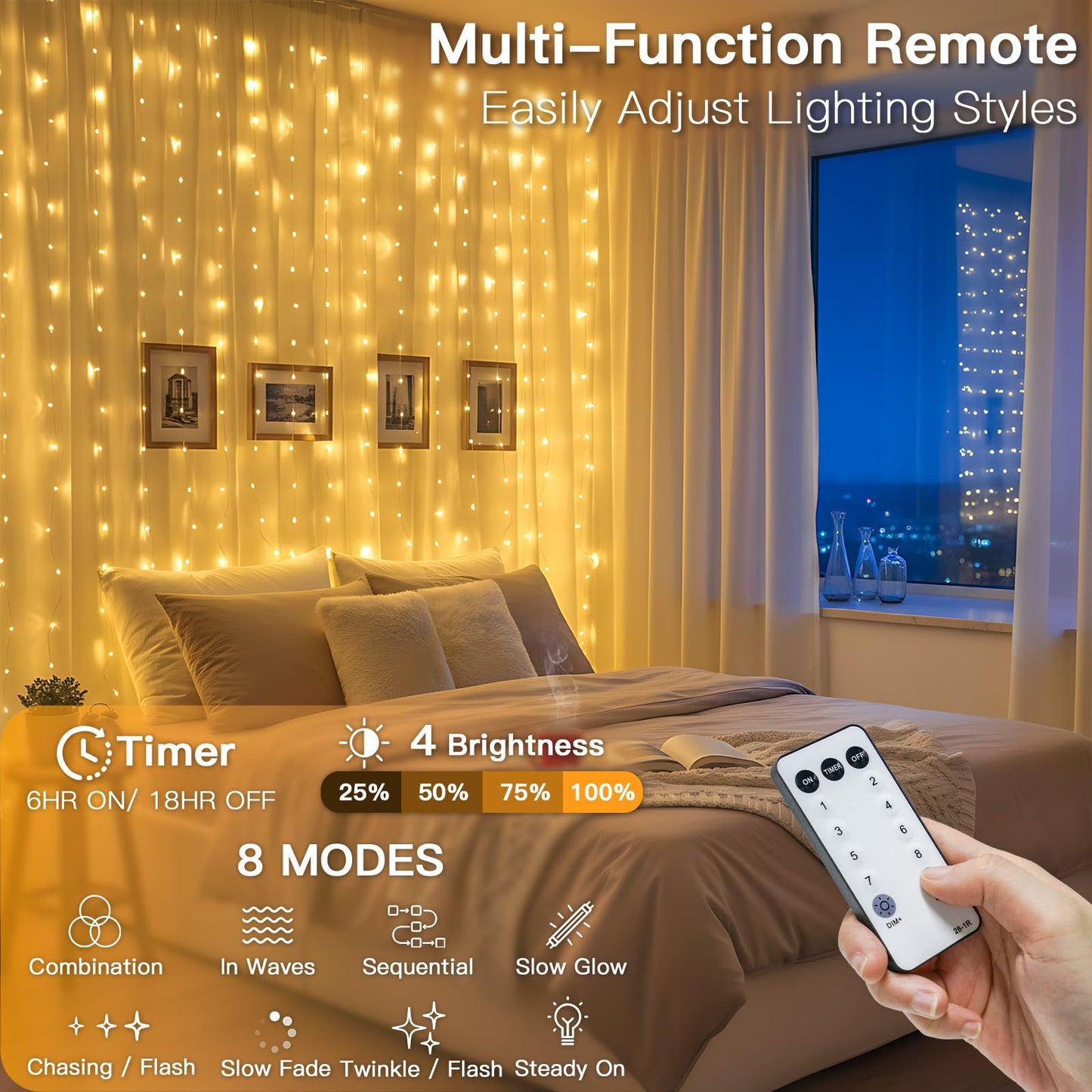suddus Tangle-Free Curtain Lights,400 LED Connectable Hanging Lights with Hook, Waterproof Window Lights for Christmas, Dorm, Wall, Backdrop, Wedding, Party, Birthday Decor, Warm White