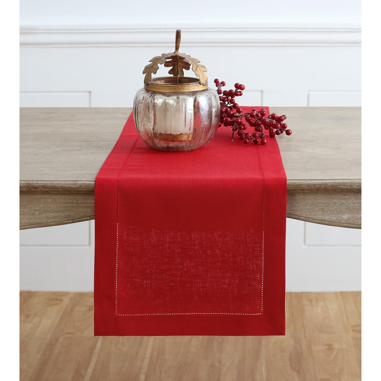 Solino Home Linen Red Table Runner 120 Inches Long - 100% Pure Linen 14 x 120 Inch Table Runner for Summer - Classic Hemstitch