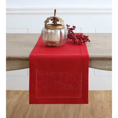 Solino Home Linen Red Table Runner 120 Inches Long - 100% Pure Linen 14 x 120 Inch Table Runner for Summer - Classic Hemstitch