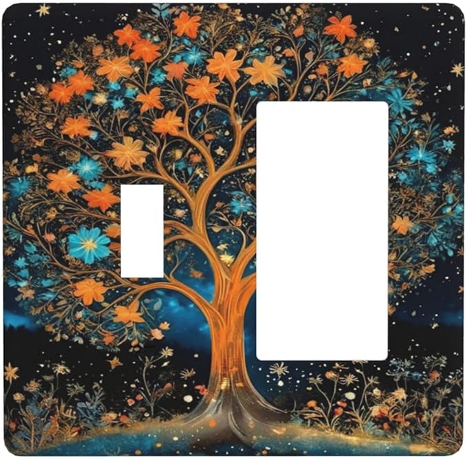 Magical Tree, Night Sky, Whimsical, Fantasy Art, Floral Tree, Blooming Flowers, Starry Background, Vibrant Colors, Blue And Orange Flowers