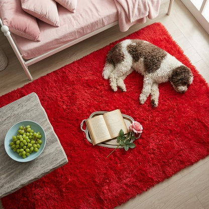 Mugorn Red Rugs for Bedroom, 2x3 Fluffy Area Rugs for Living Room, Soft Shag Kids Rug Small Carpet with 4 Non-Slip Rug Pads (Red, 2ft x 3ft)