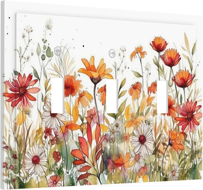 Watercolor Wild Flower Floral 3 Gang Light Switch Covers Triple Toggle Wall Plate Decorative Switchplate Electrical Faceplate for Nursery Bedroom Bathroom Decor