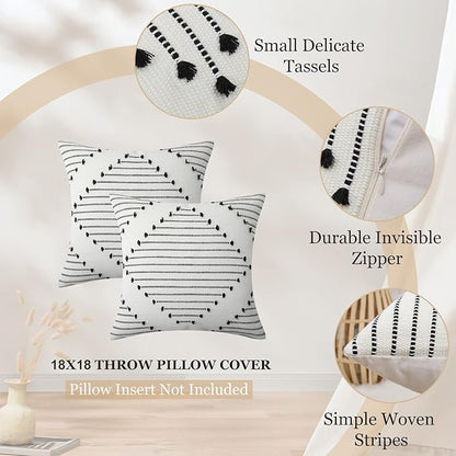 Mecatny Boho Outdoor Throw Pillow Covers 18X18 Set of 2, Farmhouse Decorative Pillow Covers for Couch Sofa Living Room, Black & Cream White