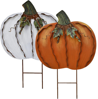 Metal Pumpkin Stakes Yard Signs Fall Decor Decorative Garden Stake Lawn Pumpkins Ornaments Outdoor Autumn Decoration for Harvest Halloween Thanksgiving (17.5" H White+Orange)