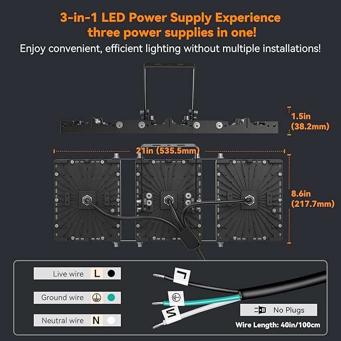 300W LED Outdoor Flood Light, 30000LM Super Bright Stadium Light, 6000K Daylight White, IP66 Waterproof 3 Heads Adjustable Outdoor Floodlights for Backyard, Court, Garden