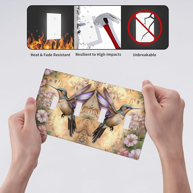 Decorative Art Light Switch Covers Blossom & Hummingbird Quad Toggle 4 Gang Wall Plate Switch plate Electrical Faceplate for Home Decor