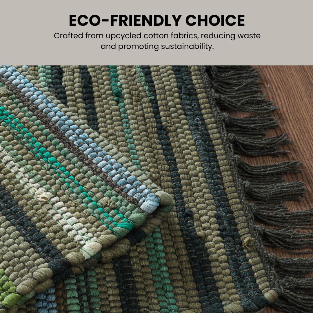 Threadvista Hand Woven Chindi Rug Cotton - Rustic Boho Accent Throw Rug for Living Room Bedroom Kitchen Entryway Floor Mats - Ideal for High Traffic Areas 20x32 inch Reversible Area Rug Green Multi