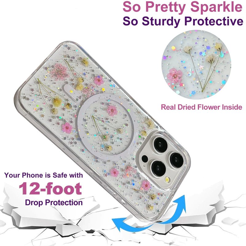 ASONCE Cute Real Flowers for iPhone 16 Pro Max Case [Compatible with MagSafe] Glitter Magnetic Cover with Pressed Dried Floral Women Girly Phone Case for iPhone 16 Pro Max 6.9" - Clear Sparkly