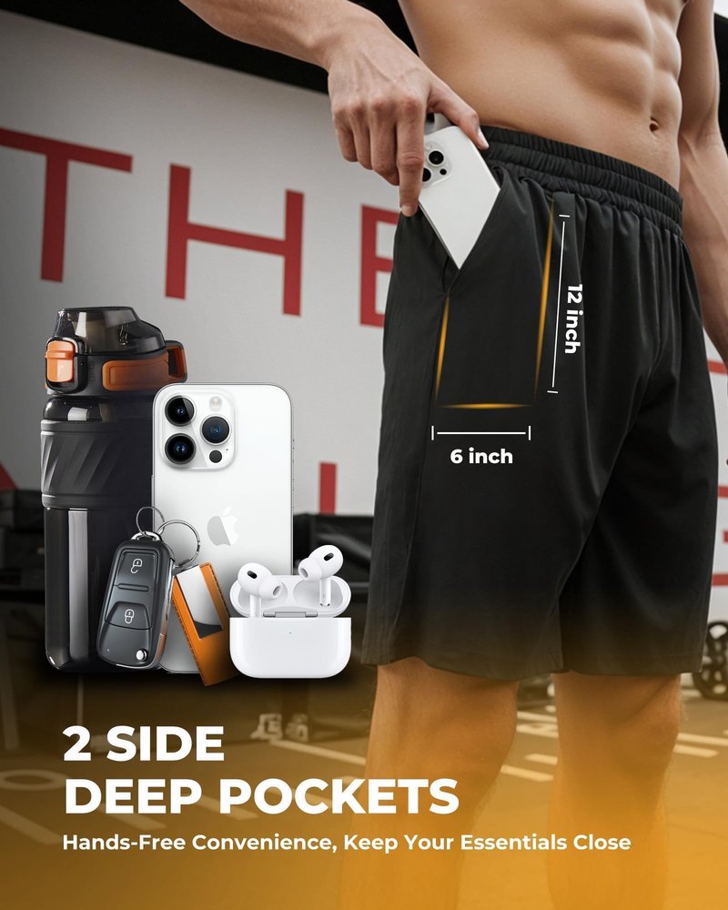 Barjneel 6 Pack Men's Athletic Shorts - Workout Gym Basketball Quick Dry Black Mens Shorts with Pockets for Casual Running