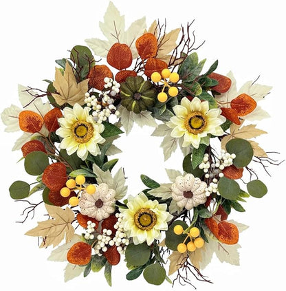 20 Inch Fall Sunflower Wreath for Front Door, Artificial Autumn Wreath with Pumpkins, Berries, White Sunflowers and Silk Leaves for Thanksgiving Farmhouse Home Window Wall Office Indoor Outdoor Decor