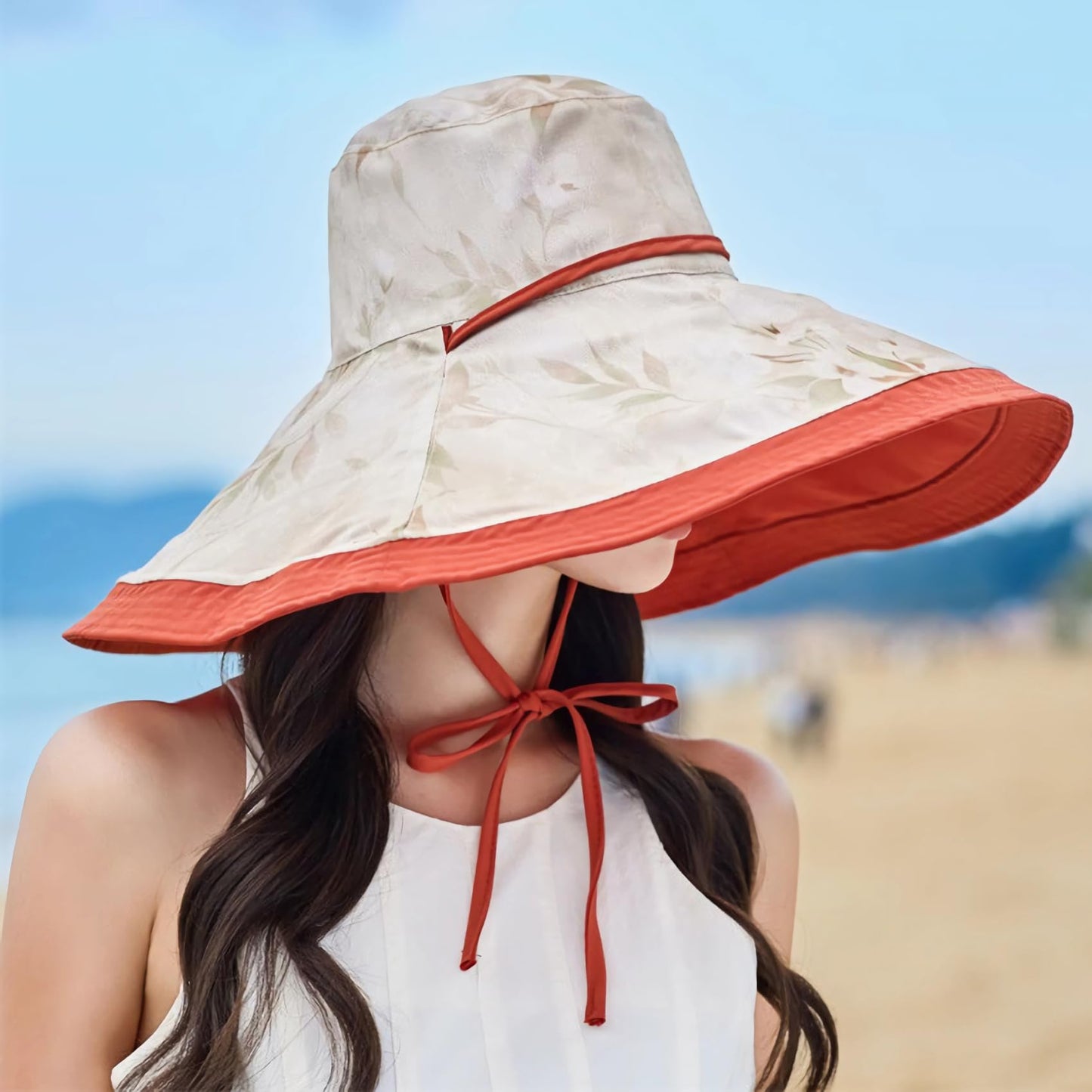 HUAMULAN Wide Brim Women Summer Sun Floppy Hat Ponytail Beach Bucket Fishing Hats Reversible Packable Outdoor UV Protection Orange