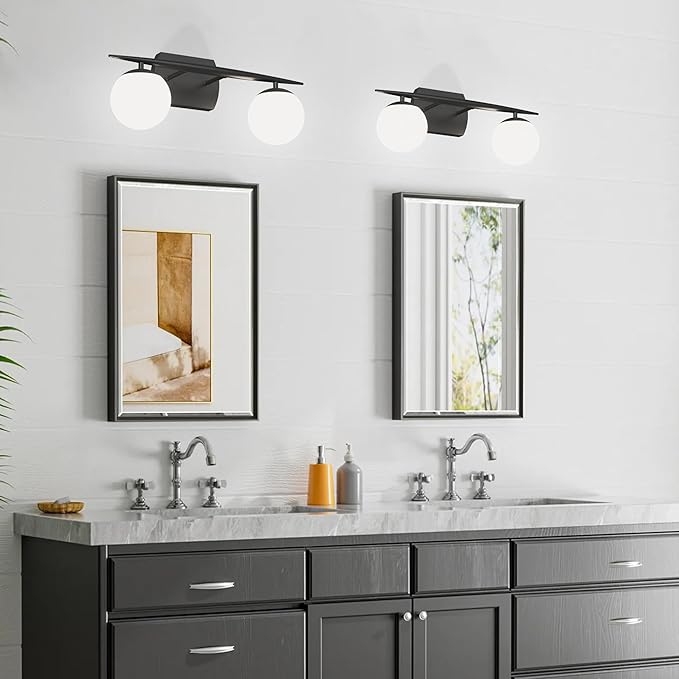 Black Vanity Lights for Bathroom, 2-Light 20 Inch Bathroom Lighting Fixtures over Mirror with Milky White Frosted Glass Shades, Wall Sconces for Bathroom, Bedroom, Living Room(G9 Bulb not Included)