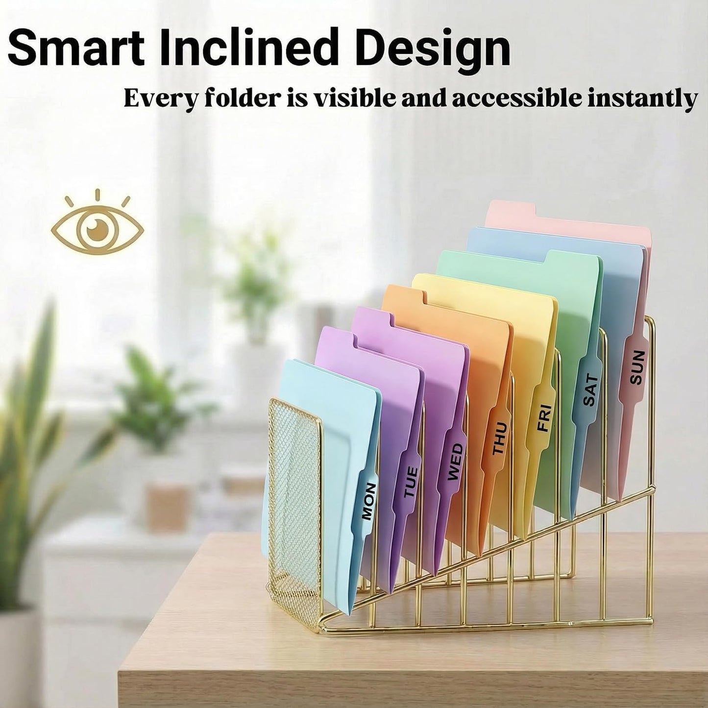 Simmer Stone Gold Desk Organizer 7 Slot Inclined Vertical File Folder Holder Sorter with Mesh Front Metal Wire Rack for Mail, Slim Binders, Books Office Organization Desktop Accessories