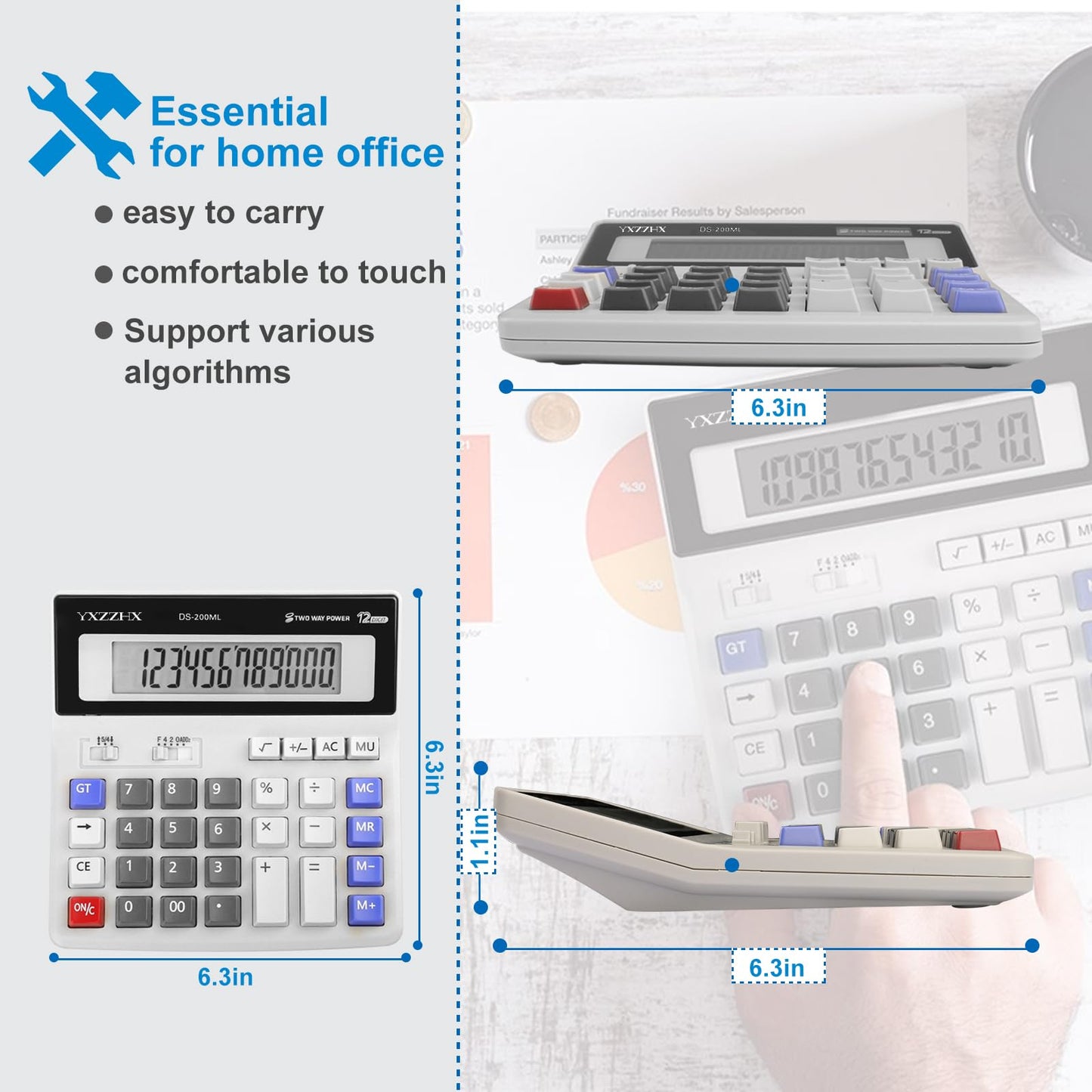 Desk Calculator 12 Digit Extra Large 4.3-Inch LCD Display, Two Way Power Battery and Solar Calculators Desktop, Big Buttons Easy to Press Used as Office Calculators for Desk White
