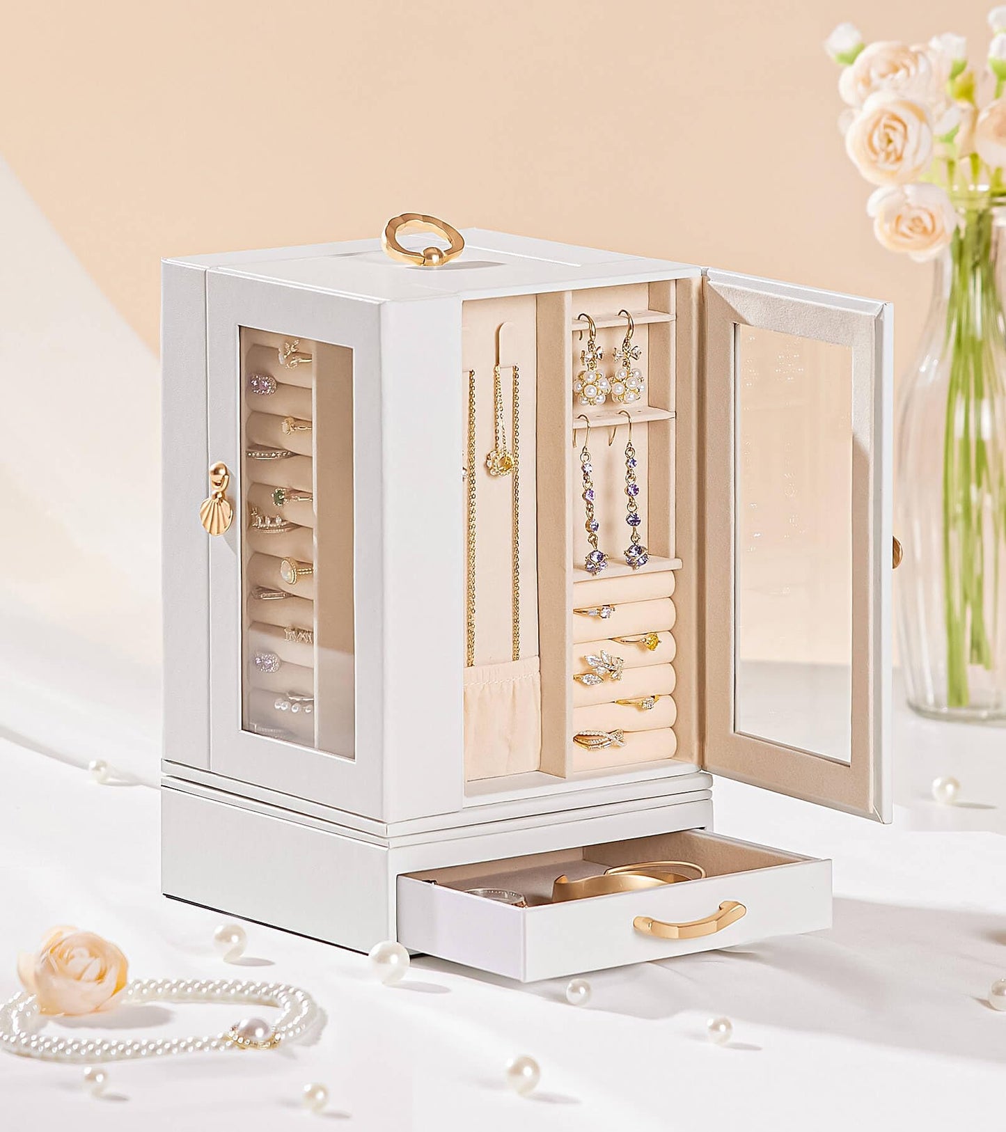 Enthralite Jewelry Box Large for Dresser: Women Necklace Ring Storage Organizer with Compartments - Elegant Earring Holder Display - 360° Rotating Jewelry Organizer with Glass Door
