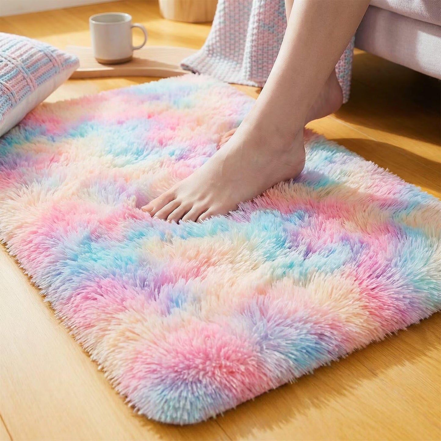 junovo Washable, Non-Slip Area Rug, Soft Rainbow Area Rug for Girl's Room, Children's Play mat, Baby Girl Bedroom Nursery Home Bedroom, 2ft x 3ft Tie-Dyed Rainbow