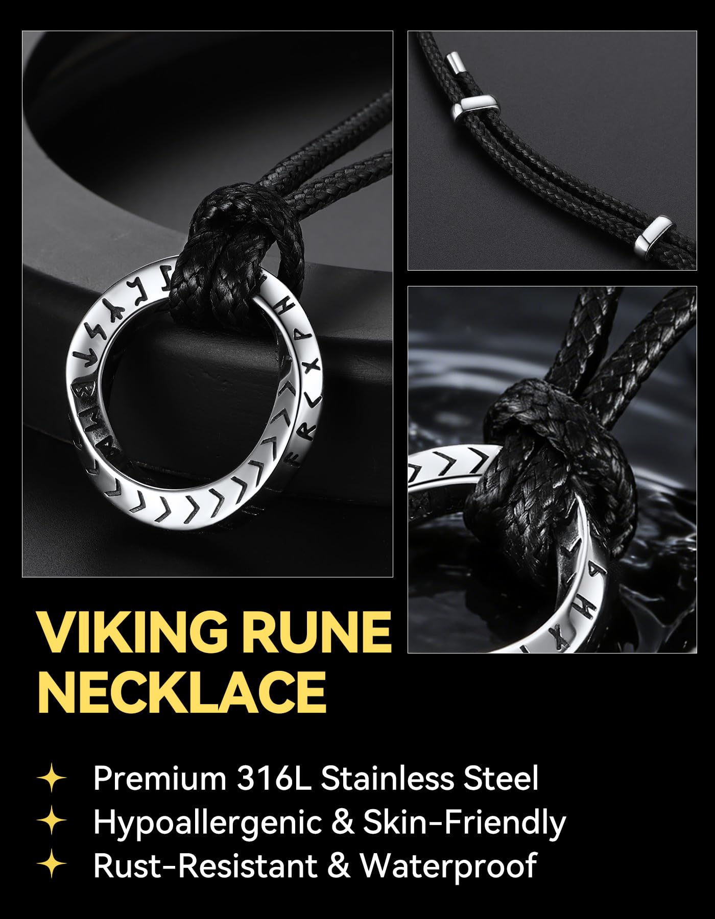 ChainsHouse Viking Runes Mobius Ring Necklace for Men, Stainless Steel Norse Rune Pendant with Adjustable Black Leather Wax Rope Chain 16-32 Inch Nordic Amulet Jewelry