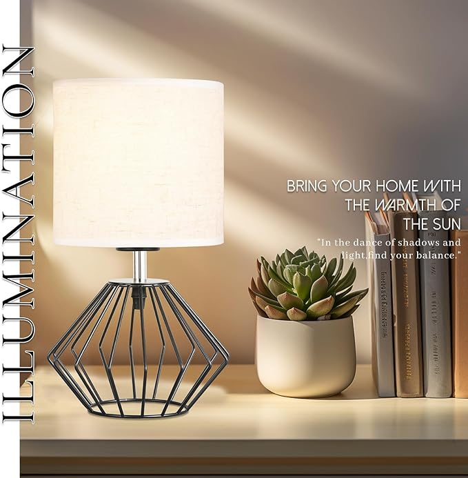 Hamilyeah Bedside Lamps Set of 2 with On/Off Switch, Black Industrial Table Lamps for Night Stands with Beige Linen Fabric Shade