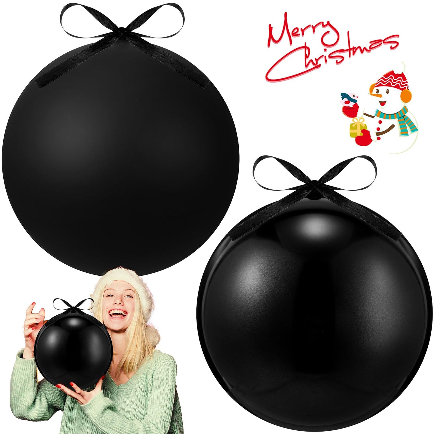 Zubebe 2 Pcs 8" Giant Fillable Christmas Ornaments with Ribbons Oversized Plastic Xmas Balls for Outdoor Lawn Yard Decor, Tree Hanging, Holiday Gifts(Matte Black, Shiny Black)