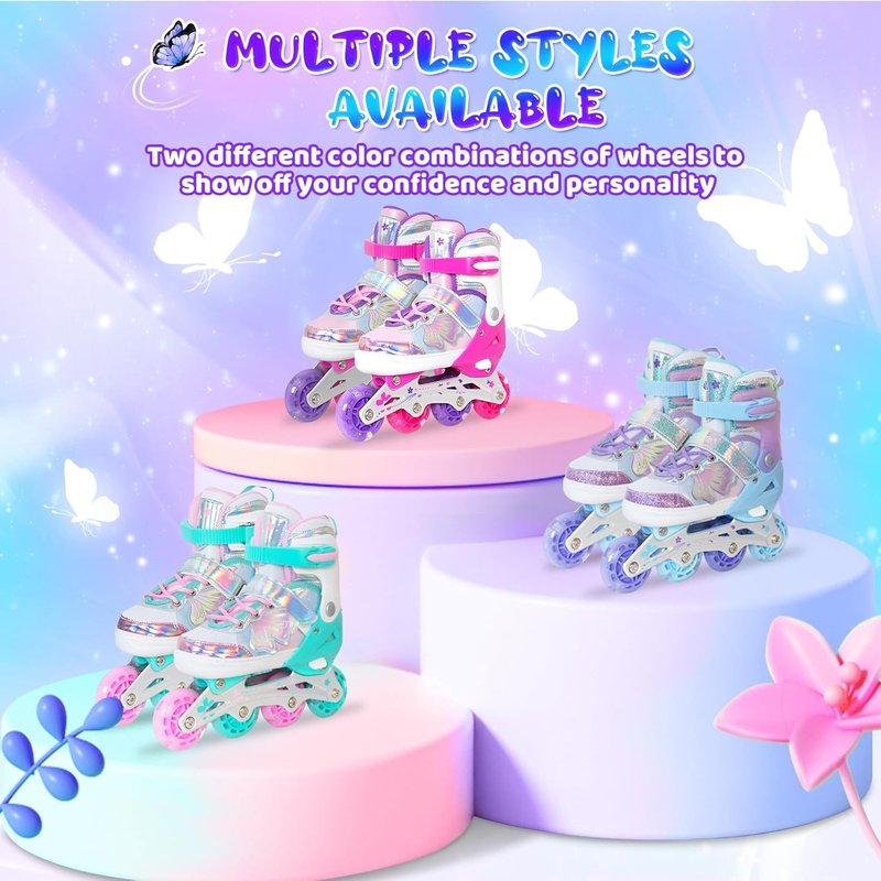 Inline Skates for Girls - Adjustable 4 Size Butterfly Roller Skates with Flashing Wheels | Indoor & Outdoor Use